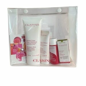 Clarins Body Care Gift Set Full Size Lotion + Scrub + Body Fit + Oil + Pouch NEW